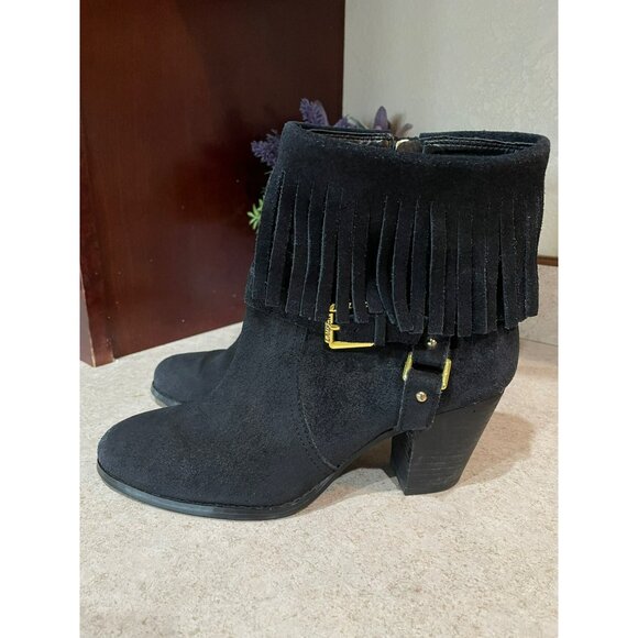 Lauren Ralph Lauren Black Suede Fringe Ankle Boots With Gold Buckle & Side Zippe - Picture 2 of 8